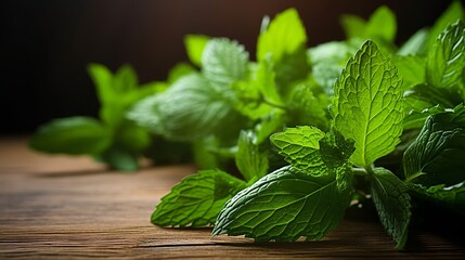 Mint leaves on wooden table