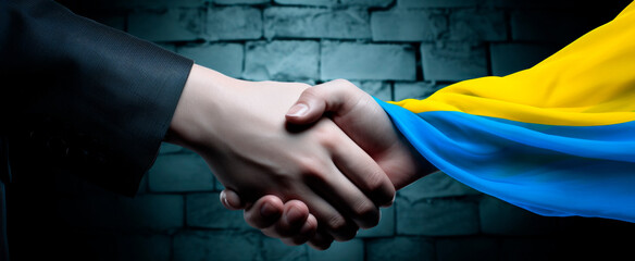 Two hands shaking, one wrapped in the Ukrainian flag and the other in black, symbolize unity, support, and diplomacy against a dark brick wall, conveying solidarity - obrazy, fototapety, plakaty