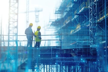 Two Construction Workers Standing on Top of an Under Construction Building, Contractors at work on a futuristic construction site overlaid with engineering blueprints, AI Generated