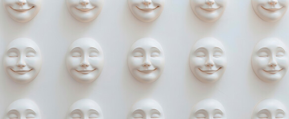 A row of white, identical smiling masks implies conformity, hiding true feelings Perfect for a minimalistic psychological banner, evokes mixed emotions and social commentary