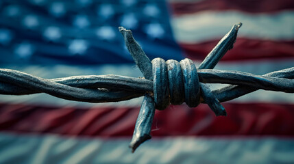 Close-up of barbed wire with blurred American flag in the background, symbolizing restricted freedom or illegal border crossing into the United States - obrazy, fototapety, plakaty