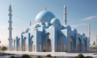 Fototapeta na wymiar modern mosque with a flat roof pastel blue colours in a futuristic