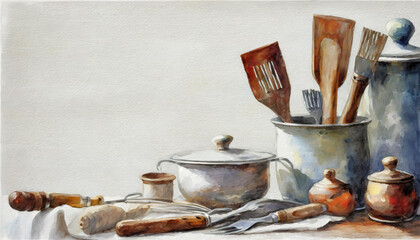 Oil painting of a kitchen tools on pure white background canvas, copyspace on a side