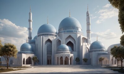 Fototapeta na wymiar mosque with a flat roof pastel blue colours in a futuristic