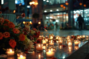 Candlelight vigil with flowers on urban street at night.