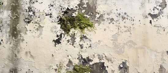 This close-up photo showcases a weathered cream wall with peeling paint, exposing the underlying moss and dark spots. The textures and patterns created by the peeling paint add a sense of decay and