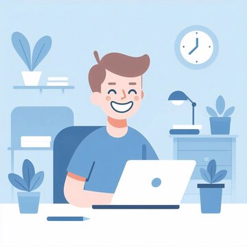 Young guy at work, happy. Minimalism, flat colors, simple shapes, blue, cyan, orange. Generative AI.