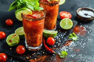 Two glasses of Bloody Mary cocktail with lime and basil garnish.