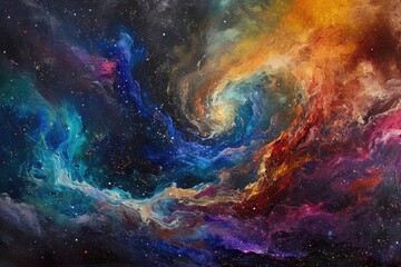 Obraz na płótnie Canvas A painting showcasing a dynamic and vivid swirl of colors set against the backdrop of outer space, Cosmos-inspired piece featuring a glittering, color-soaked nebula, AI Generated