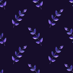 Fototapeta na wymiar Original floral seamless wallpaper with violet leaves, watercolor illustration