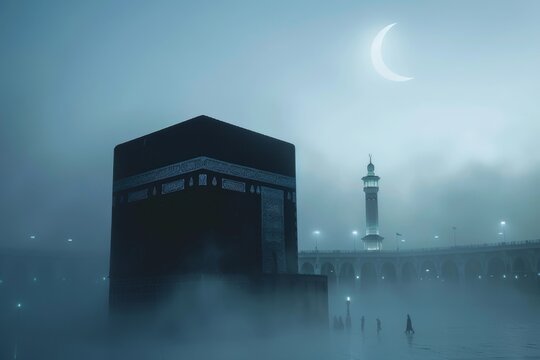 photorealistic image of the Kaaba, a cubical structure located in the center of the Grand Mosque in Mecca
