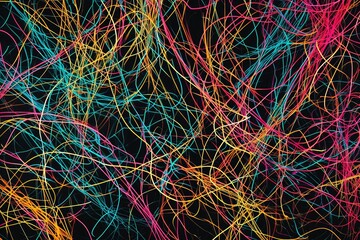 Numerous parallel vertical lines floating in mid-air, creating an intriguing visual display, Countless intertwining colorful lines on a black background signifying chaos, AI Generated