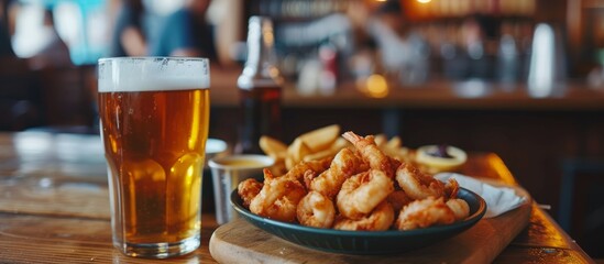 Delicious bowl of fresh shrimp served with a refreshing cold beer on a wooden table