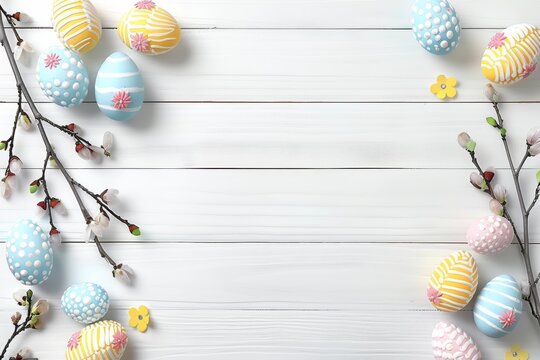 Happy Easter Eggs Basket Rendering. Bunny hopping in flower Egg decorating contest decoration. Adorable hare 3d gospel rabbit illustration. Holy week easter hunt Pastel colors card labeled space