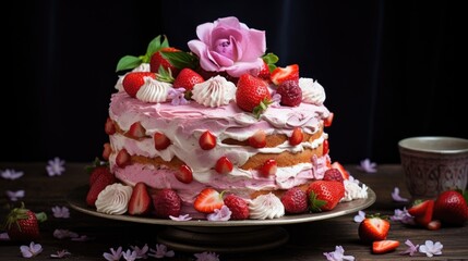 Homemade delicious strawberry sponge cake or cake with fresh berries and whipped cream on the table. A treat for a holiday or birthday.