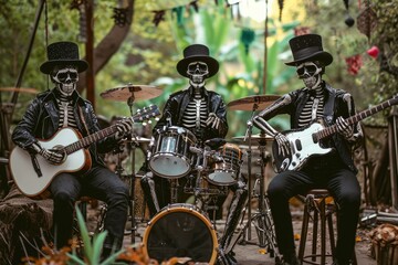 Fototapeta premium A group of skeletal figures engaging in a lively performance, playing guitars and drums, Creepy skeleton band playing eerie, festive tunes, AI Generated
