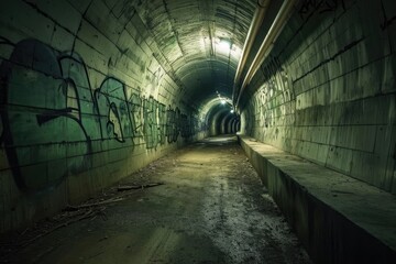 A dimly lit tunnel with various graffiti art covering the walls, Creepy underground tunnels with...