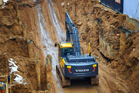 Minsk, Belarus. Feb 18, 2024. Volvo EC220D Crawler Excavators. Crawler excavator Volvo EC220D work on construction site. Foundation and earthworks on construction site.