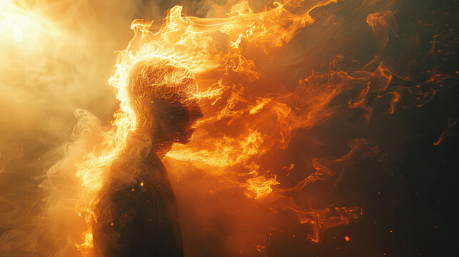 Mental state religious concept and horror A burning human soul and human body about to go to hell is an abstract image.