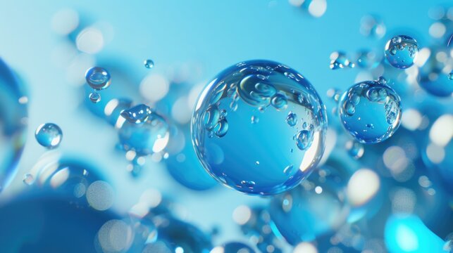 Macro photography of blue water bubbles. Abstract liquid background.