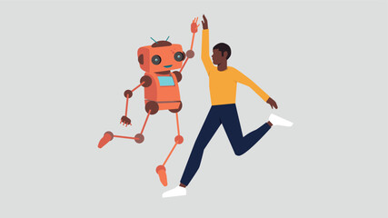 Ein Roboter und ein Geschäftsmann springen auf, um ihren Erfolg zu feiern. Dabei geben sie sich ein High Five - Konzept der künstlichen Intelligenz