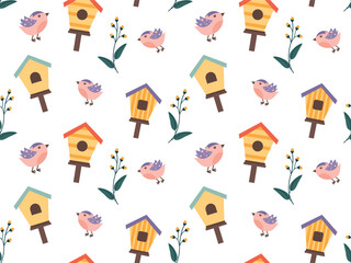 Seamless pattern with birdhouses and cute flowers, on a transparent background. Vector illustration for fabric, wallpaper, textile, wrapping paper
