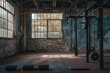 An unoccupied gym with a large wall of windows, providing ample natural light, CrossFit setup in a gritty industrial gym, AI Generated - obrazy, fototapety, plakaty