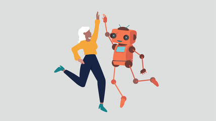 Ein Roboter und eine Geschäftsfrau springen auf, um ihren Erfolg zu feiern. Dabei geben sie sich ein High Five - Konzept der künstlichen Intelligenz