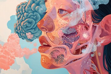 Portrait of a Woman With an Exposed Brain, Cross-sectional view of a person witnessing an asthma attack, AI Generated