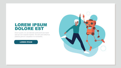 Ein Roboter und ein Geschäftsmann springen auf, um ihren Erfolg zu feiern. Dabei geben sie sich ein High Five - Konzept der künstlichen Intelligenz