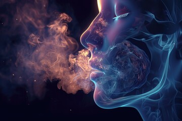 A man exhales a large plume of smoke while smoking a cigarette, Cross-sectional view of a person witnessing an asthma attack, AI Generated - obrazy, fototapety, plakaty