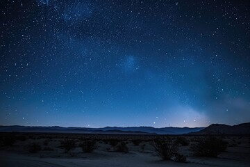 A vast desert landscape underneath a clear night sky filled with countless stars, Crystal-clear night sky over desert landscape, AI Generated