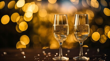 Pair glass of champagne. New year celebration or wedding concept theme. Paper streamer with defocused lens blur over background. Celebration concept