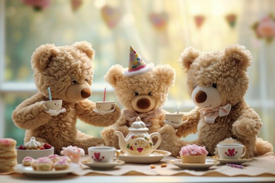 A group of adorable teddy bears gather around a table, ready to enjoy a delightful lunch, Cuddly teddy bear family having a birthday tea party, AI Generated