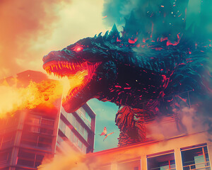 Godzilla Monster mit Feuer - obrazy, fototapety, plakaty