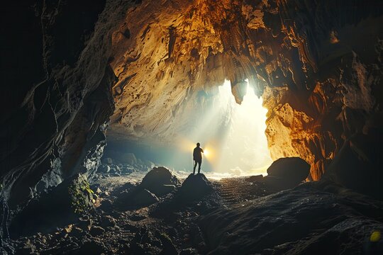 Man Standing in Cave Looking at Light