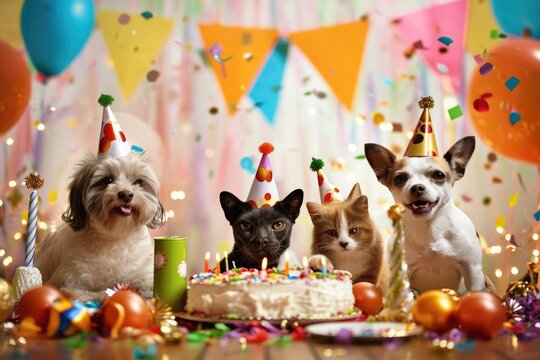 A lively group of dogs and cats gather together in front of a birthday cake, ready to celebrate, Cute animals celebrating a birthday party together, AI Generated