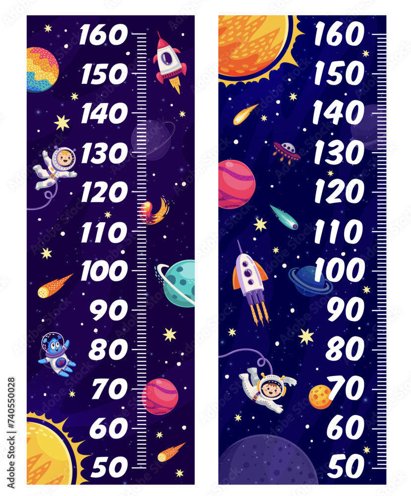 Poster kids height chart rulers with galaxy space planets, stars, spaceships and astronauts. vector growth 
