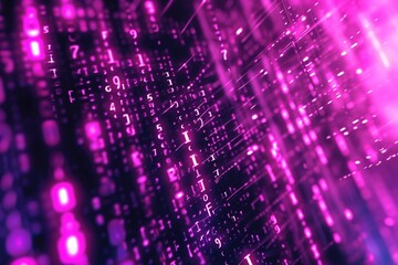 A photo featuring a vibrant purple and black background with numbers arranged in an abstract pattern, Cyberpunk-inspired pink and purple binary code, AI Generated