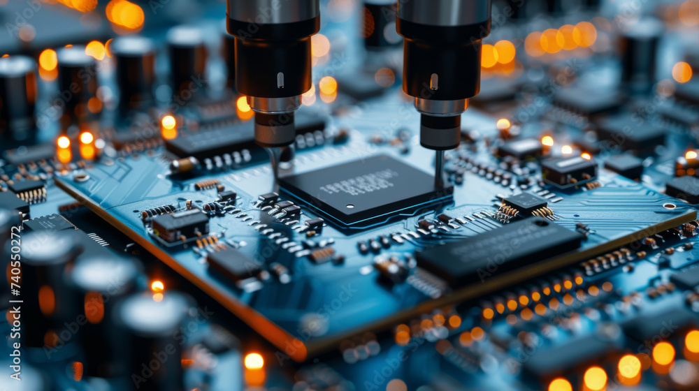 Poster close-up of a microchip on a circuit board being inspected by two microscope lenses, with a shallow 
