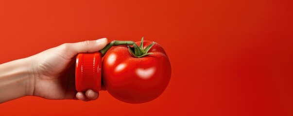 Fresh ketchup bottle splash with red tomato in humand hands, cooking concept, banner,  Generative Ai.