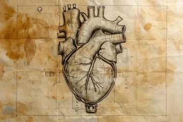 Fotobehang A hand-drawn heart with intricate details and shading is depicted on a white piece of paper, Da Vinci inspired sketch of an artificial heart, AI Generated © Iftikhar alam