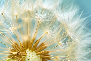 This photo features a detailed view of a dandelion against a vibrant blue backdrop, Dandelion's fluff captured in macro photography, AI Generated