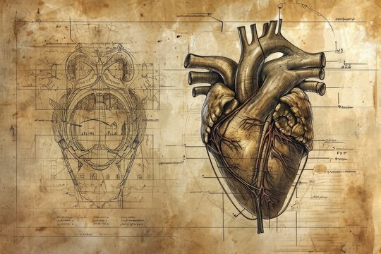 A precise and anatomically accurate drawing of a human heart on a piece of white paper, showcasing the intricate details and structures, Da Vinci inspired sketch of an artificial heart, AI Generated