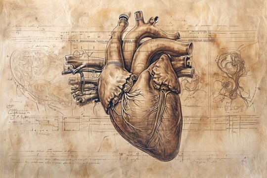 A close-up photograph showing a meticulously drawn human heart on a plain white sheet of paper, with accurate anatomical details, Da Vinci inspired sketch of an artificial heart, AI Generated