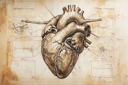 A highly detailed and accurate drawing of a human heart, sketched on a regular white piece of paper, Da Vinci inspired sketch of an artificial heart, AI Generated