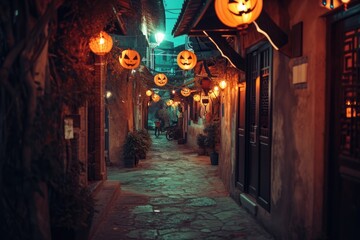 A narrow alley adorned with pumpkin lanterns hanging from the ceiling, creating a festive and atmospheric ambiance, Dark Alleyway in an ancient town decorated with Halloween lanterns, AI Generated