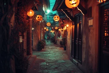 Abwaschbare Fototapete Enge Gasse A narrow alley adorned with pumpkin lanterns hanging from the ceiling, creating a festive and atmospheric ambiance, Dark Alleyway in an ancient town decorated with Halloween lanterns, AI Generated