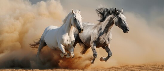 Graceful motion of two majestic white horses galloping freely in a vast open field - obrazy, fototapety, plakaty