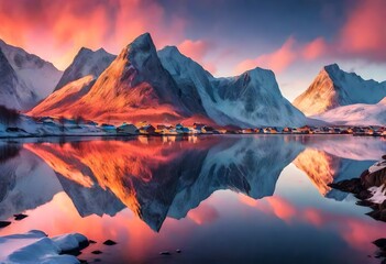 Fototapeta na wymiar Magical evening in Lofoten. North fjords with mountains landscape. scenic photo of winter mountains and vivid colorful sky. stunning natural background. Picturesque Scenery of Lofoten islands.